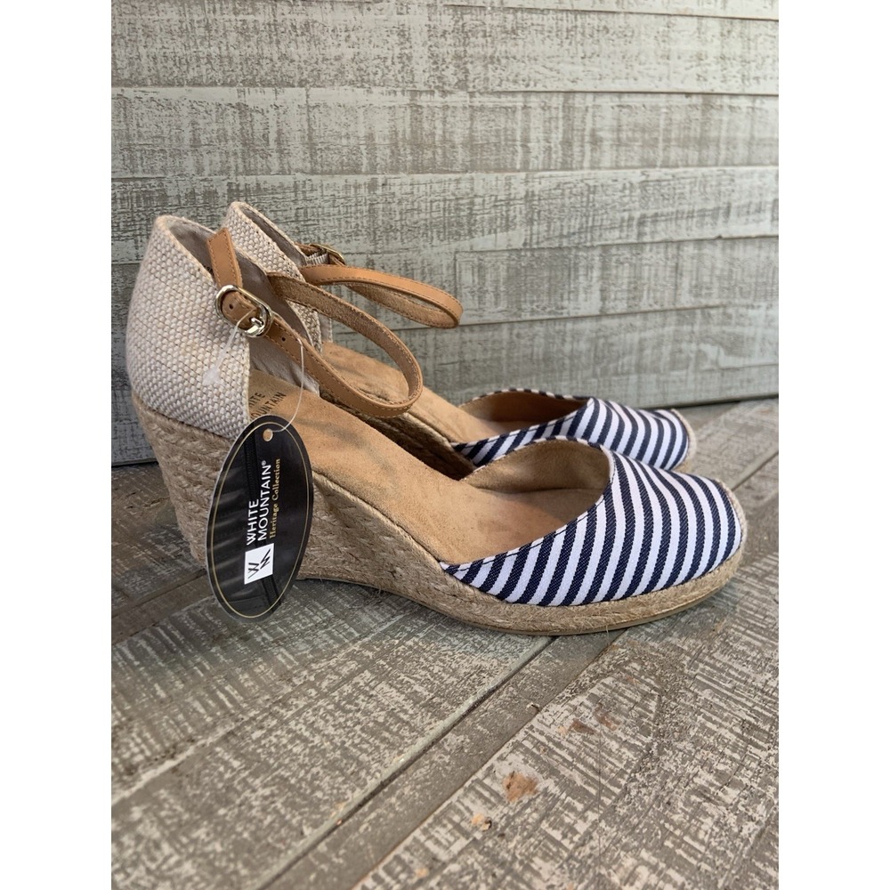 White Mountain Mamba Striped Navy Espadrille Wedge Sandals Tan Straps Size 9 NWT